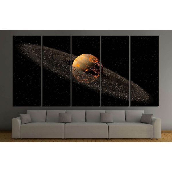 Saturn like planet with asteroid rings and hot lava cracks for a space illustration №2459 Ready to Hang Canvas Print on Sale - Image 3